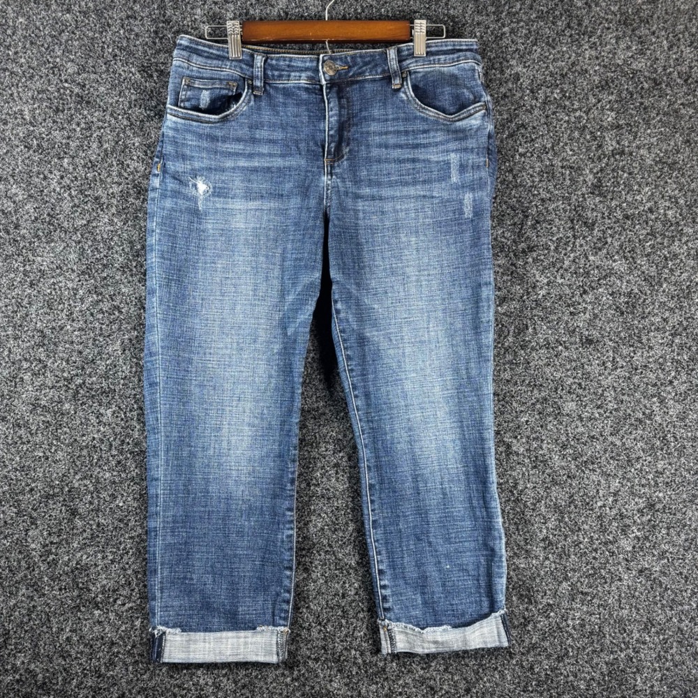 KUT from the Kloth Amy Crop Straight Leg Jeans Blue Distressed Denim Size 12